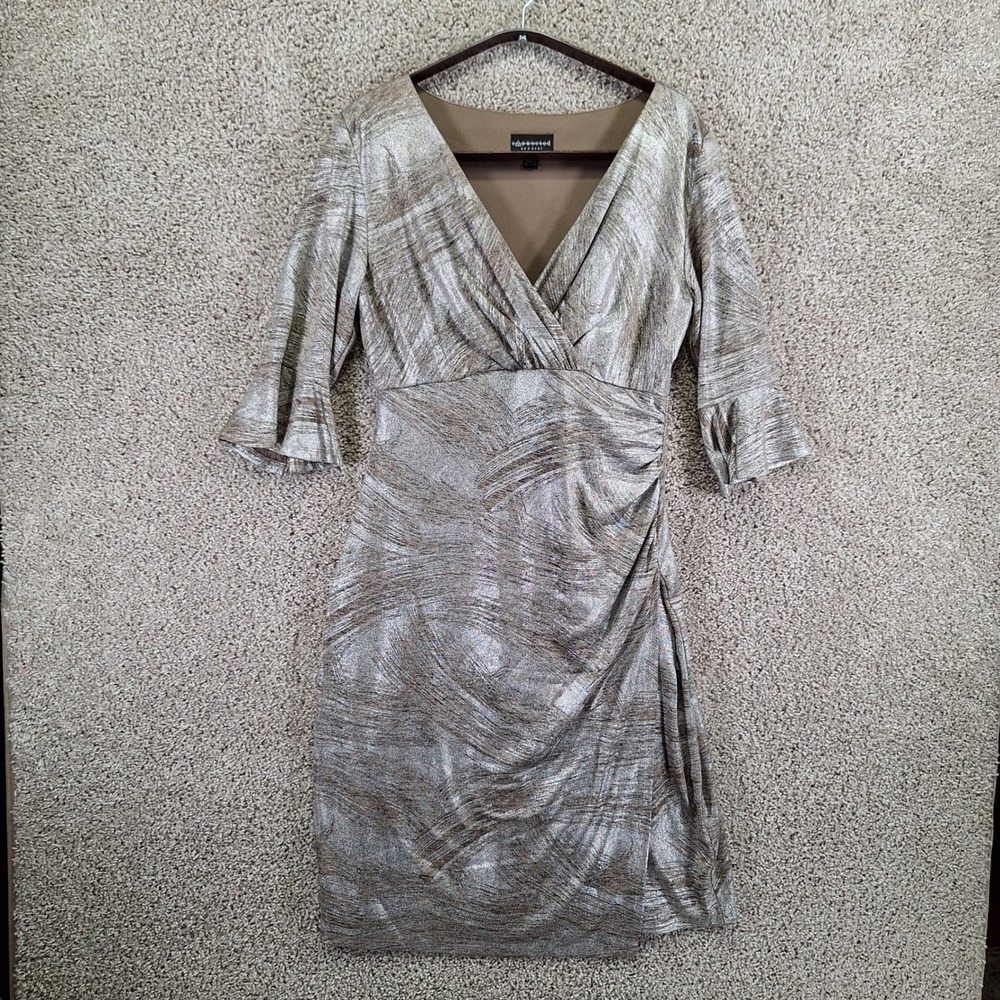 Connected Apparel Flax Wrap Dress Womens 12P Silver Lined Ruched Detail